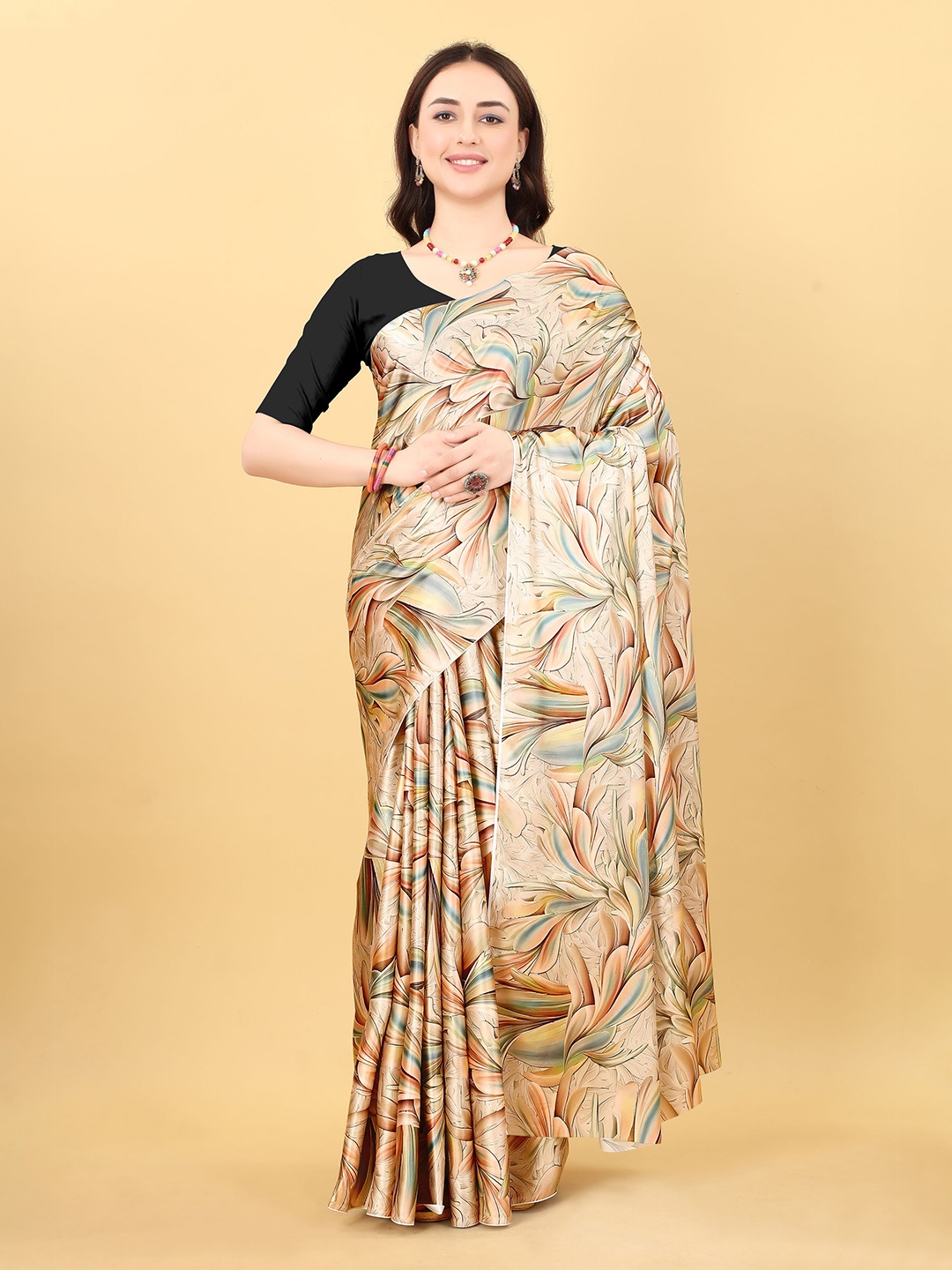 

KALINI Floral Satin Saree, Cream