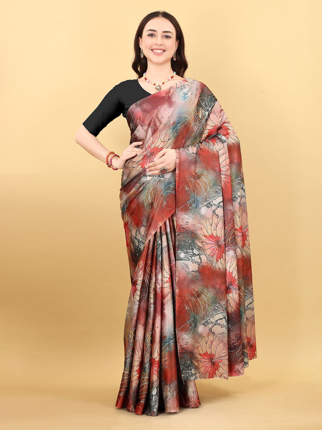 

KALINI Floral Satin Saree, Brown