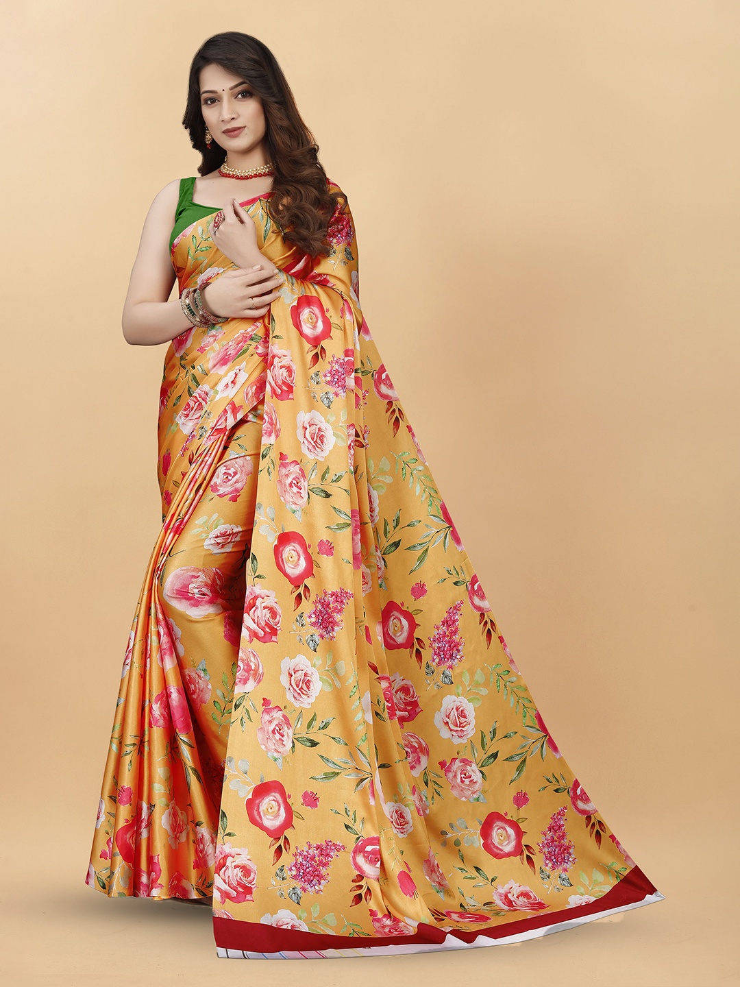 

KALINI Floral Satin Saree, Orange