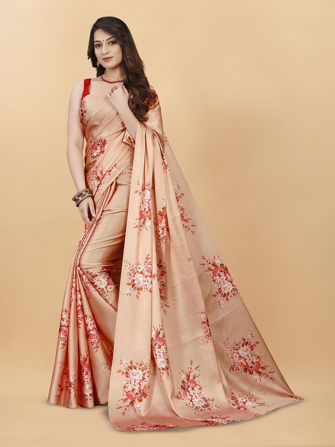 

KALINI Floral Satin Banarasi Saree, Beige