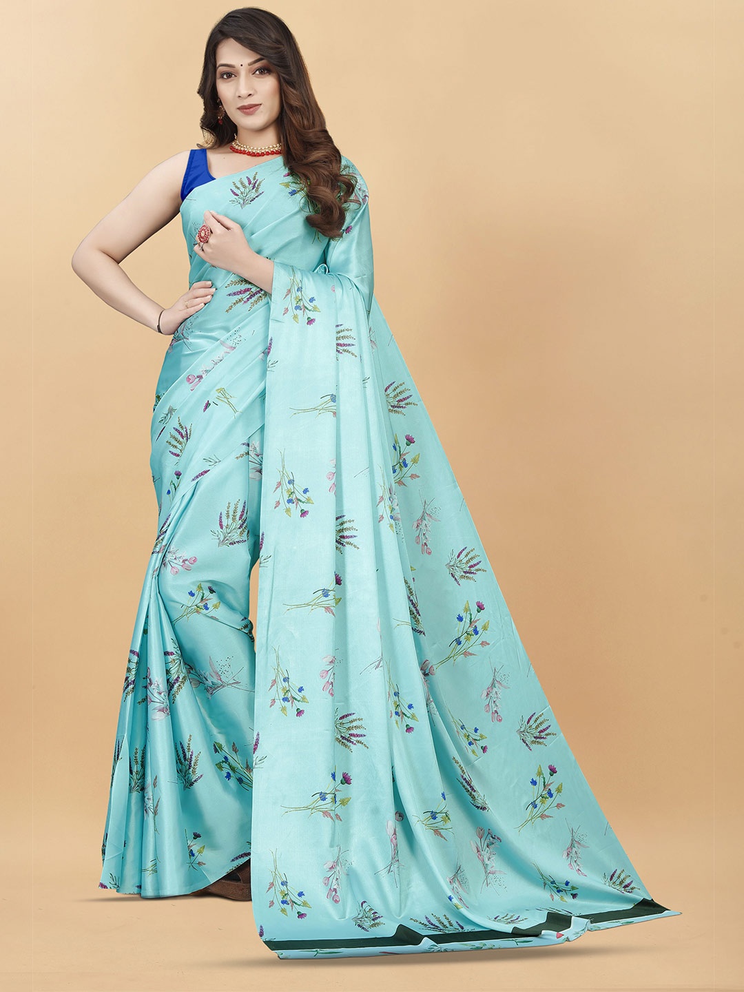 

KALINI Floral Satin Saree, Turquoise blue