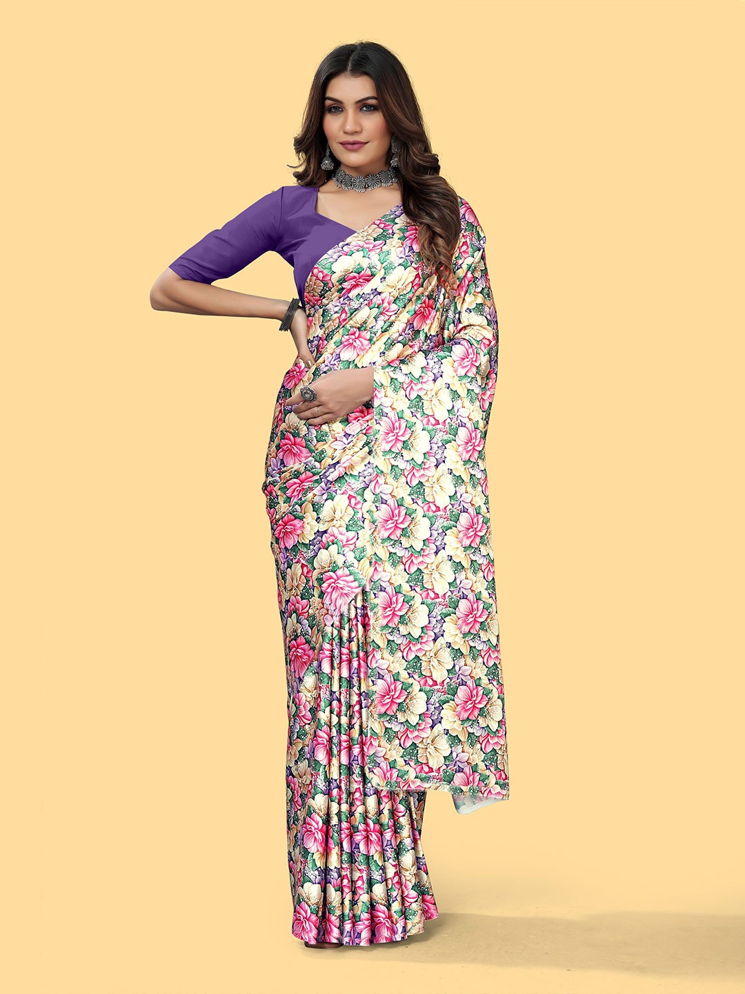 

KALINI Floral Printed Satin Saree With Blouse Piece, Pink