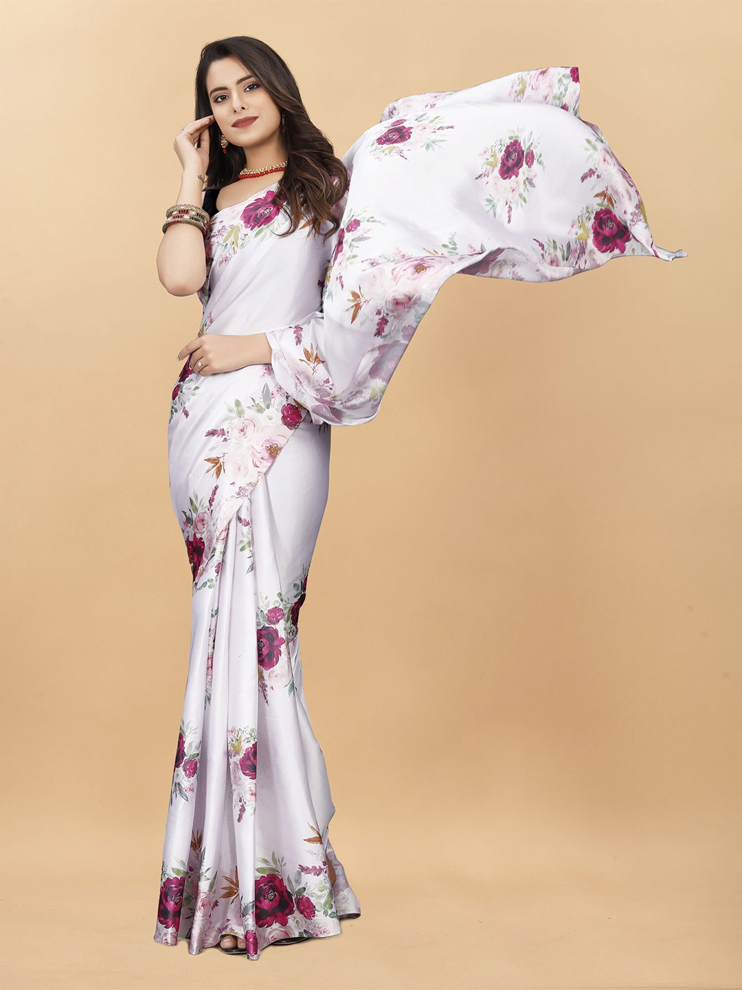 

KALINI Floral Satin Saree, Off white