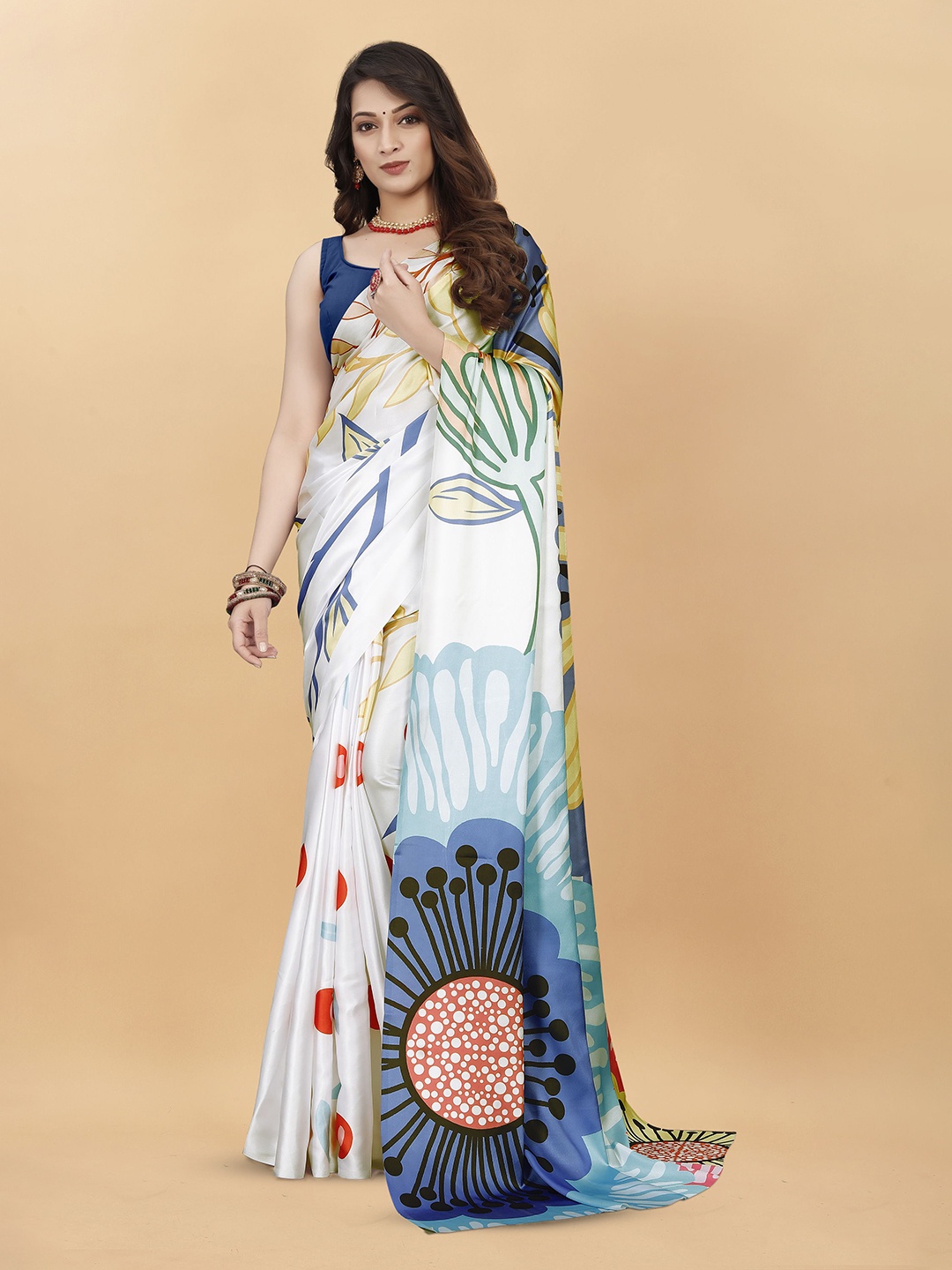 

KALINI Floral Satin Saree, White