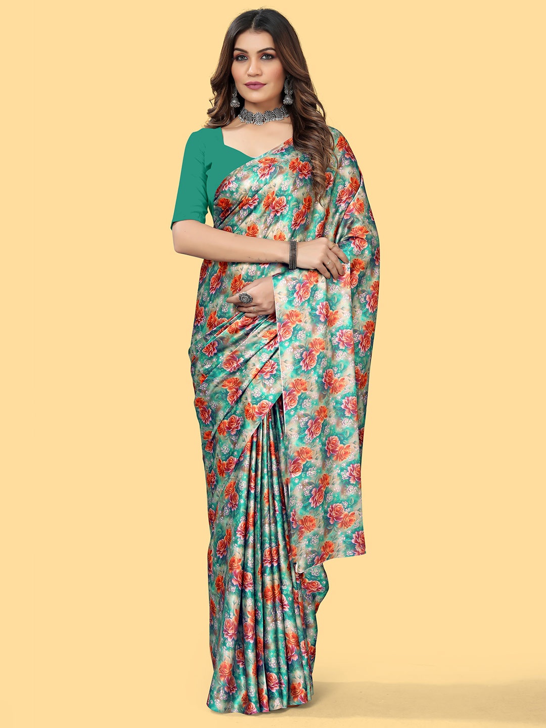 

KALINI Floral Satin Saree, Green