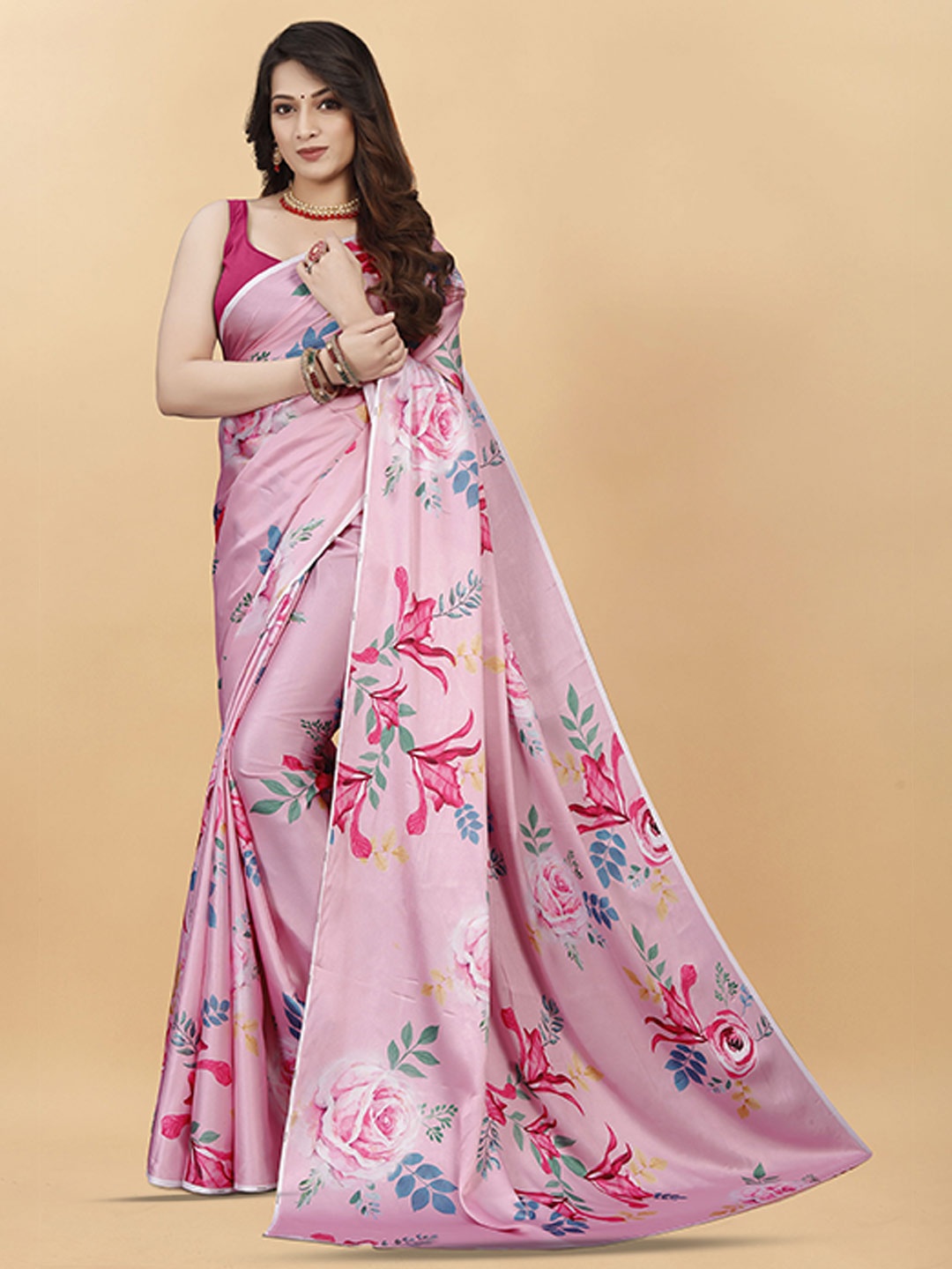 

KALINI Floral Satin Saree, Pink
