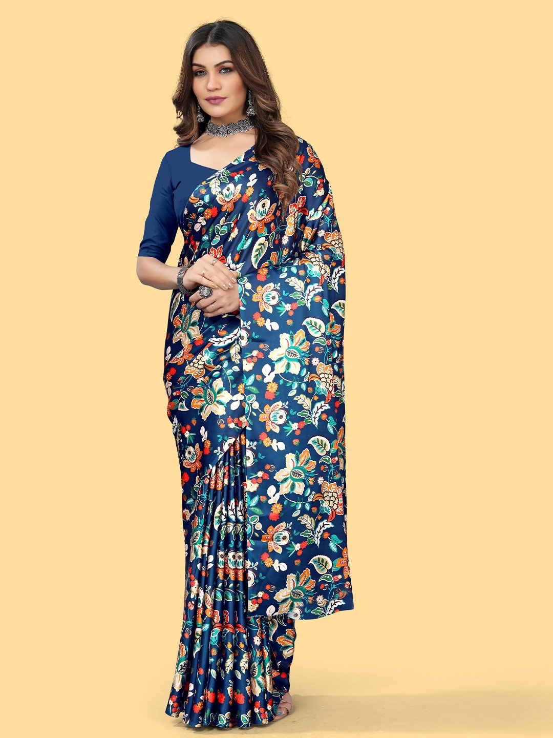 

KALINI Floral Satin Saree, Blue