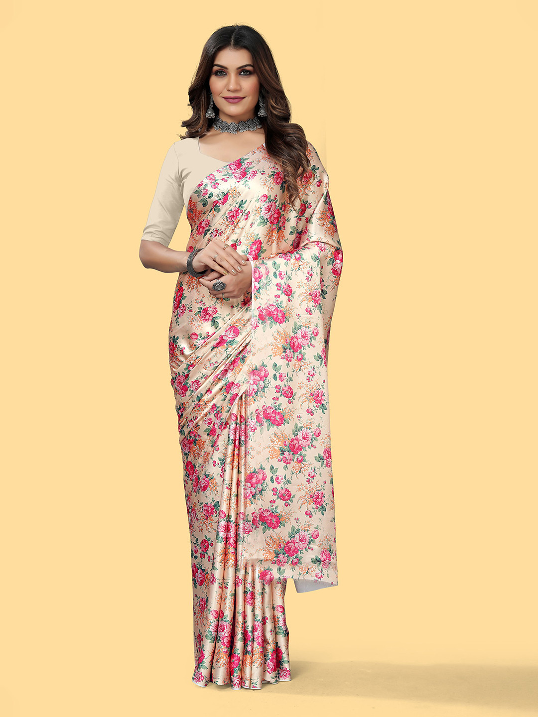 

KALINI Floral Satin Saree, Cream