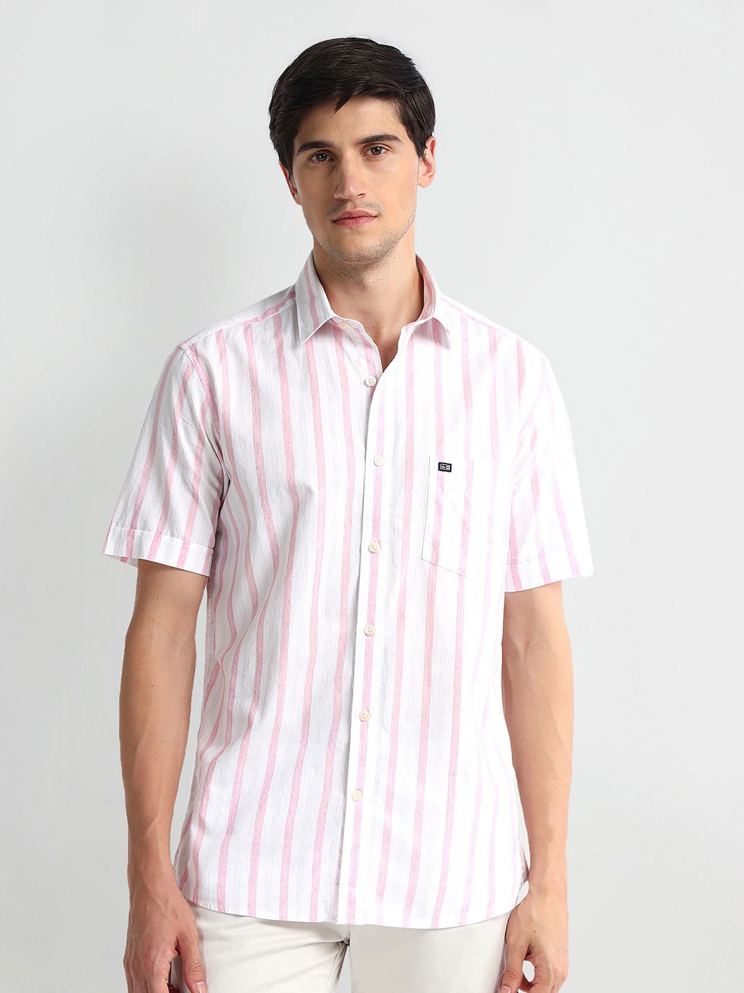 Arrow Sport Striped Spread Collar Short Sleeves Cotton Casual Shirt, Pink