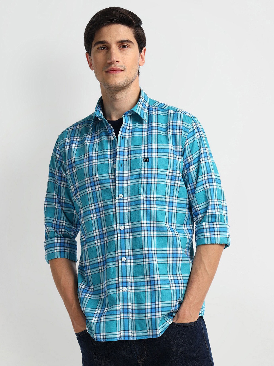 

Arrow Sport Slim Fit Tartan Checks Spread Collar Cotton Twill Casual Shirt, Blue