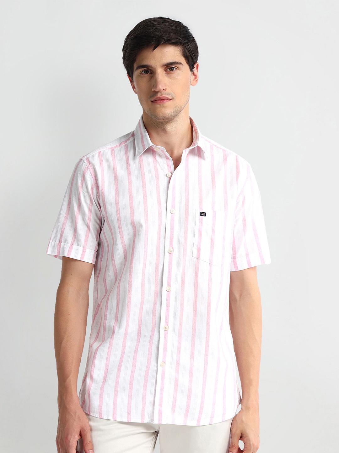 

Arrow Sport Vertical Striped Spread Collar Cotton Twill Casual Shirt, Pink