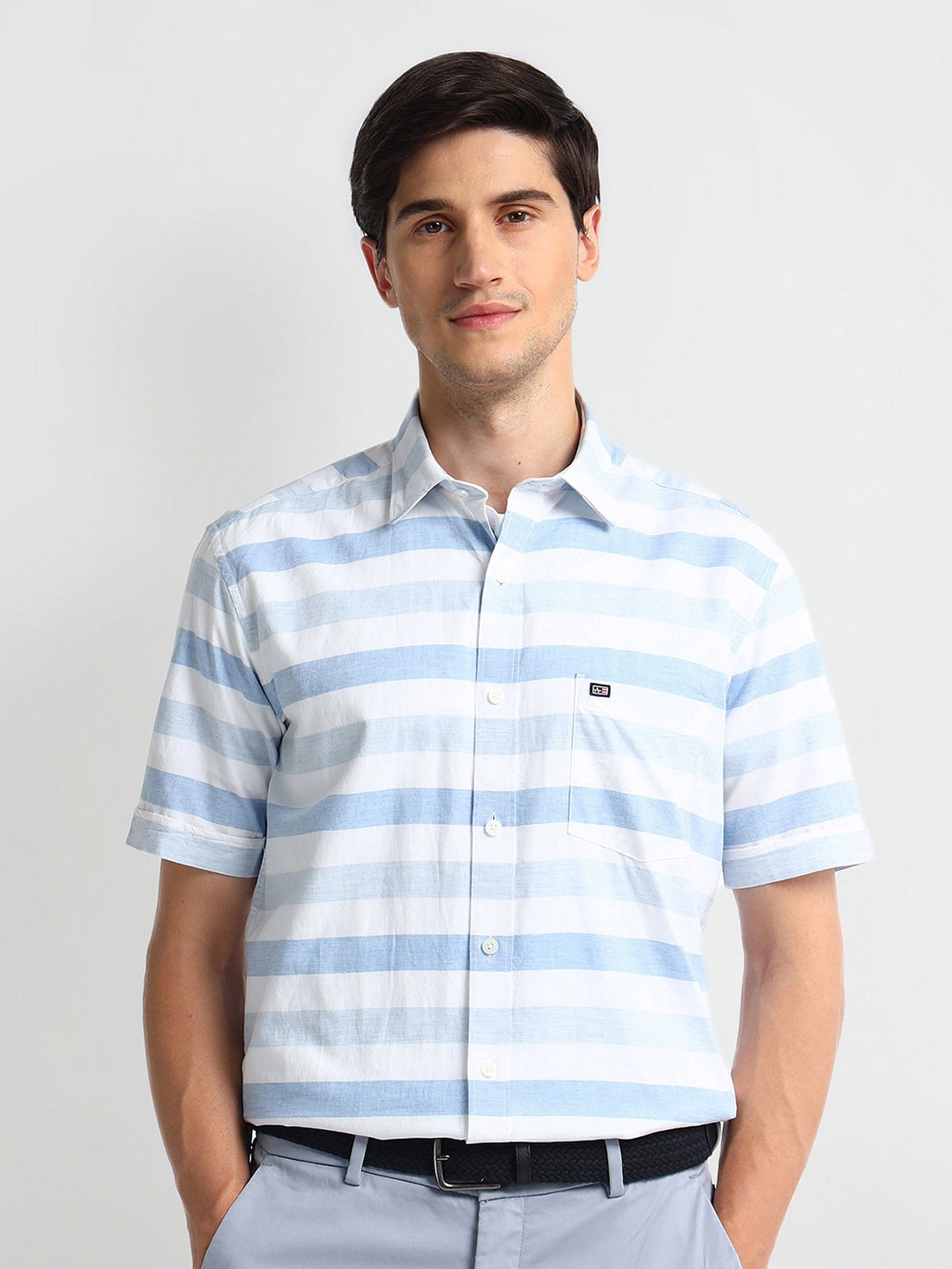 Arrow Sport Horizontal Striped Cotton Twill Casual Shirt, White