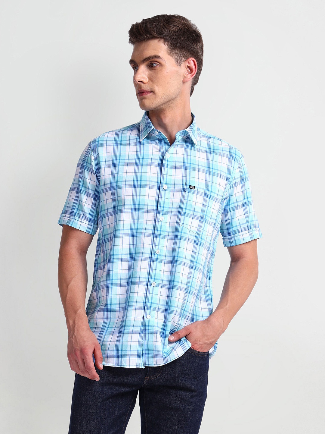 

Arrow Sport Tartan Checks Spread Collar Pure Cotton Twill Casual Shirt, Blue