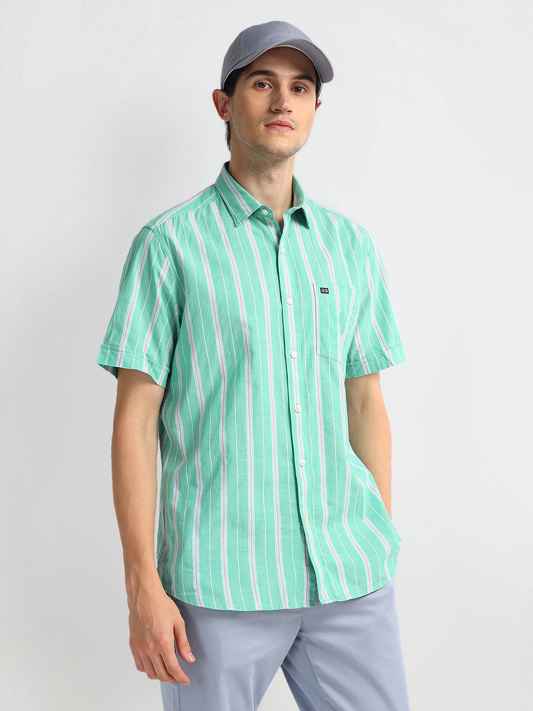 

Arrow Sport Vertical Striped Spread Collar Cotton Twill Casual Shirt, Green