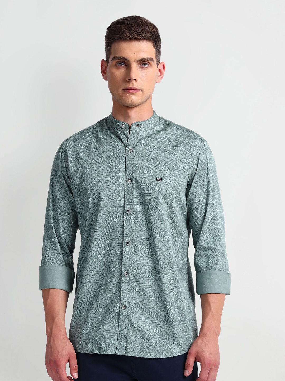 

Arrow Sport Mandarin Collar Slim Fit Printed Cotton Casual Shirt, Green