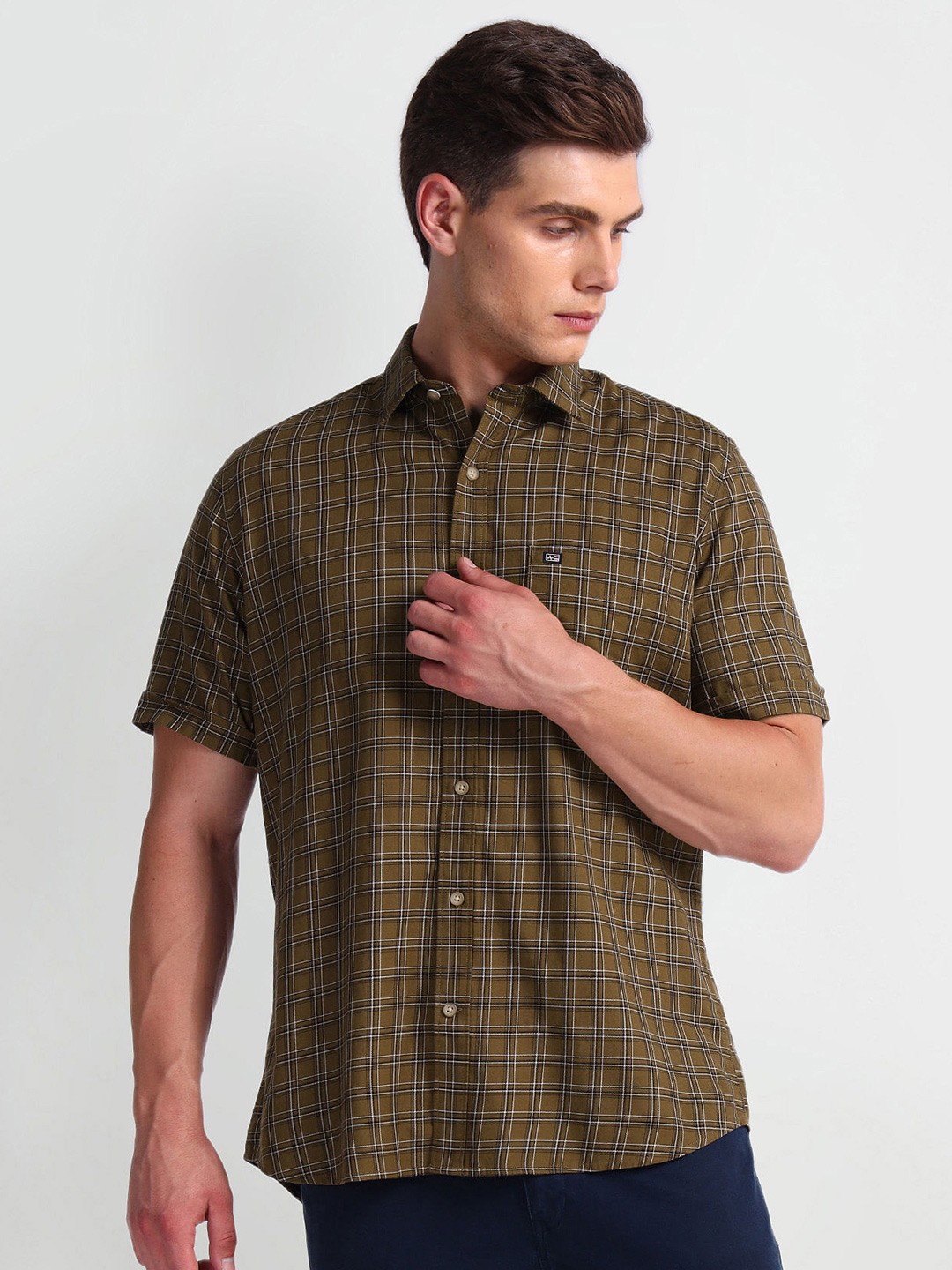 

Arrow Sport Checked Spread Collar Short Sleeves Cotton Casual Shirt, Brown