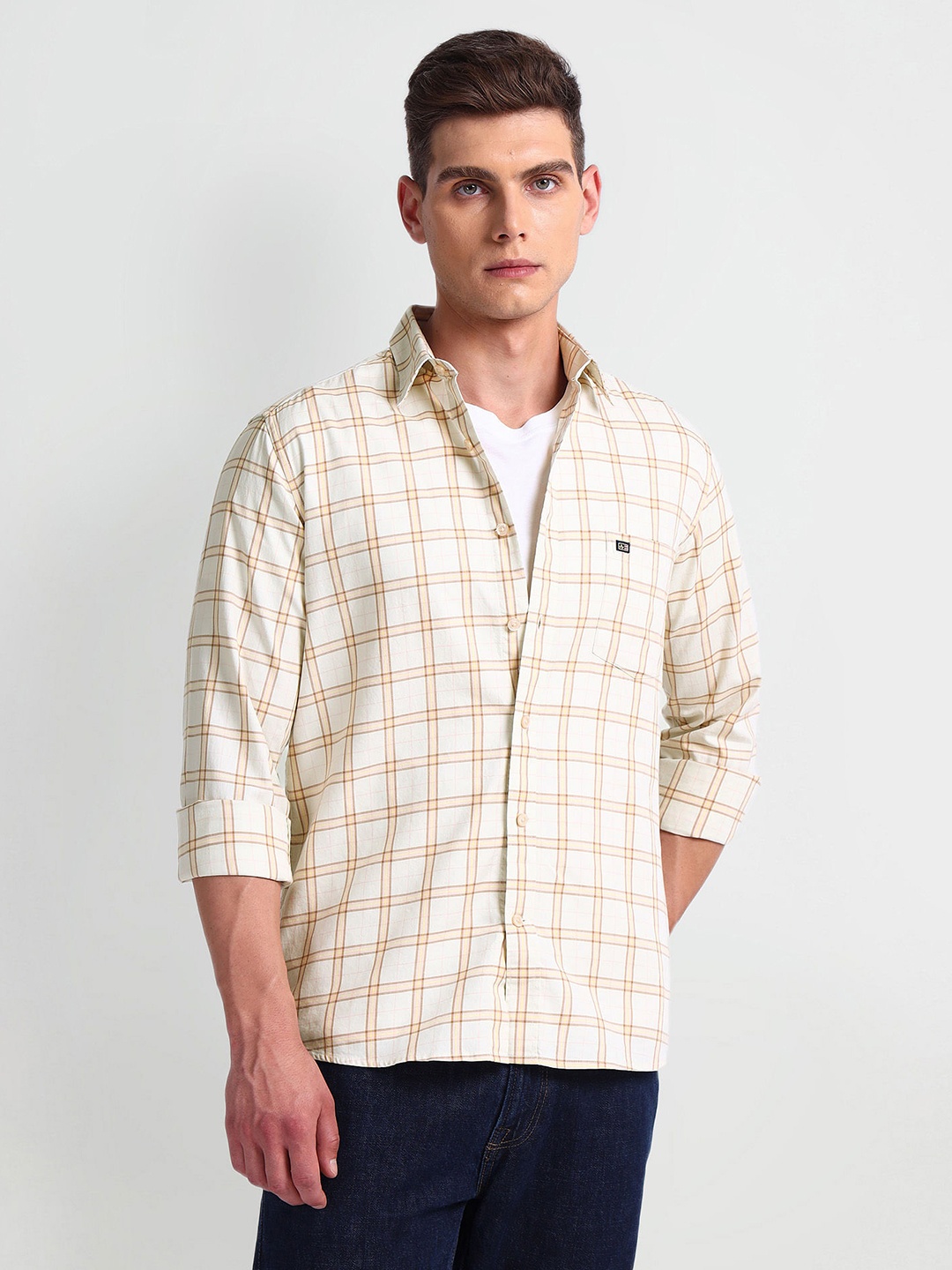 

Arrow Sport Slim Fit Windowpane Checked Cotton Twill Casual Shirt, Beige