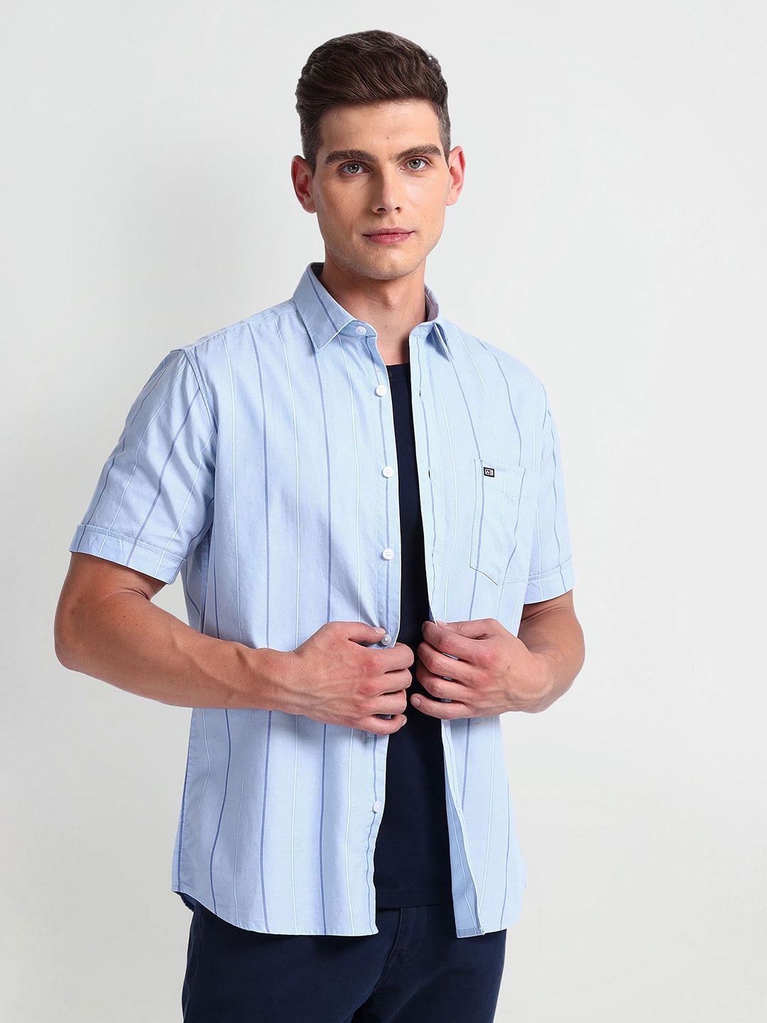 

Arrow Sport Vertical Striped Spread Collar Cotton Twill Casual Shirt, Blue