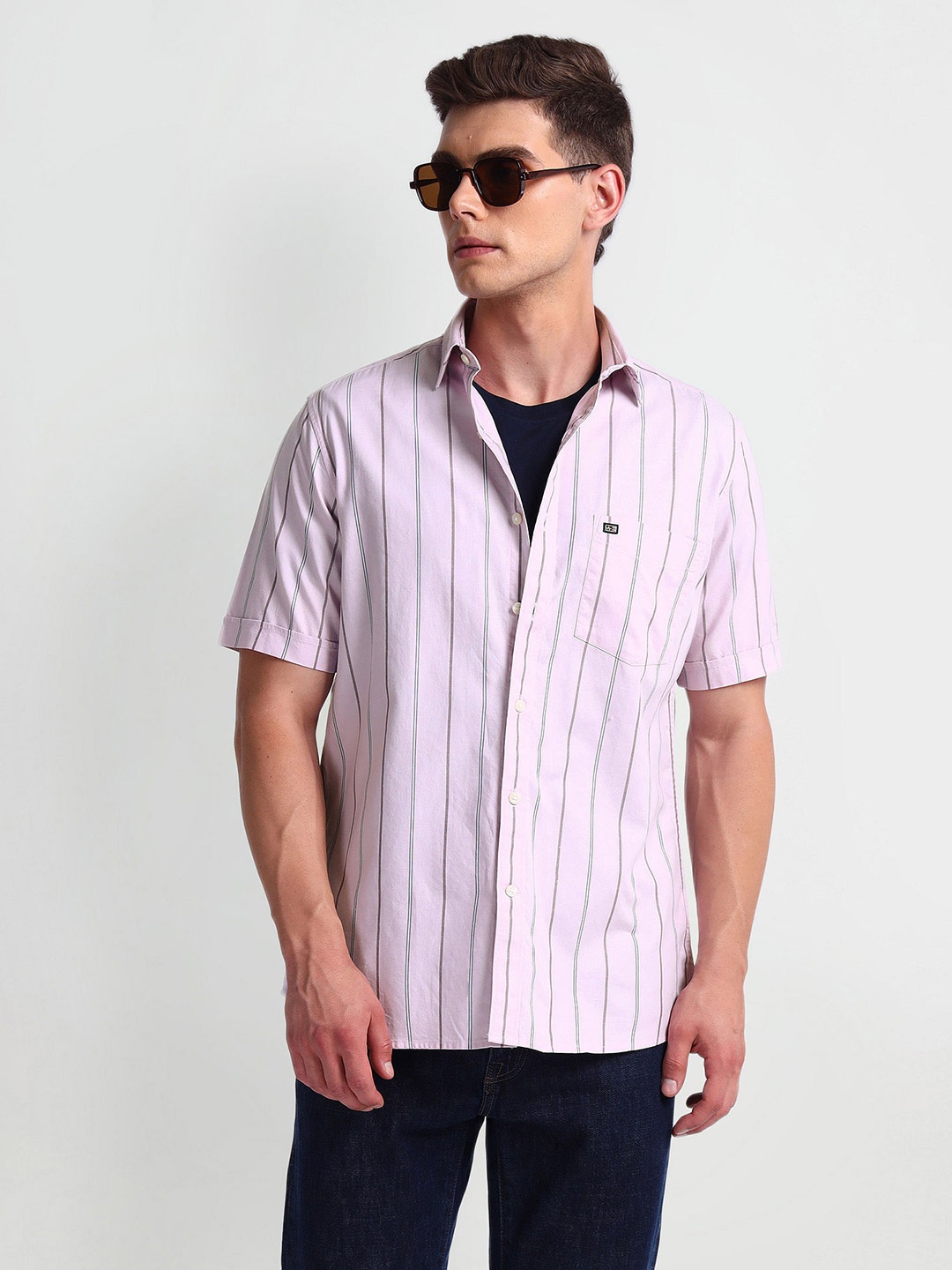 

Arrow Sport Vertical Striped Spread Collar Cotton Twill Casual Shirt, Pink