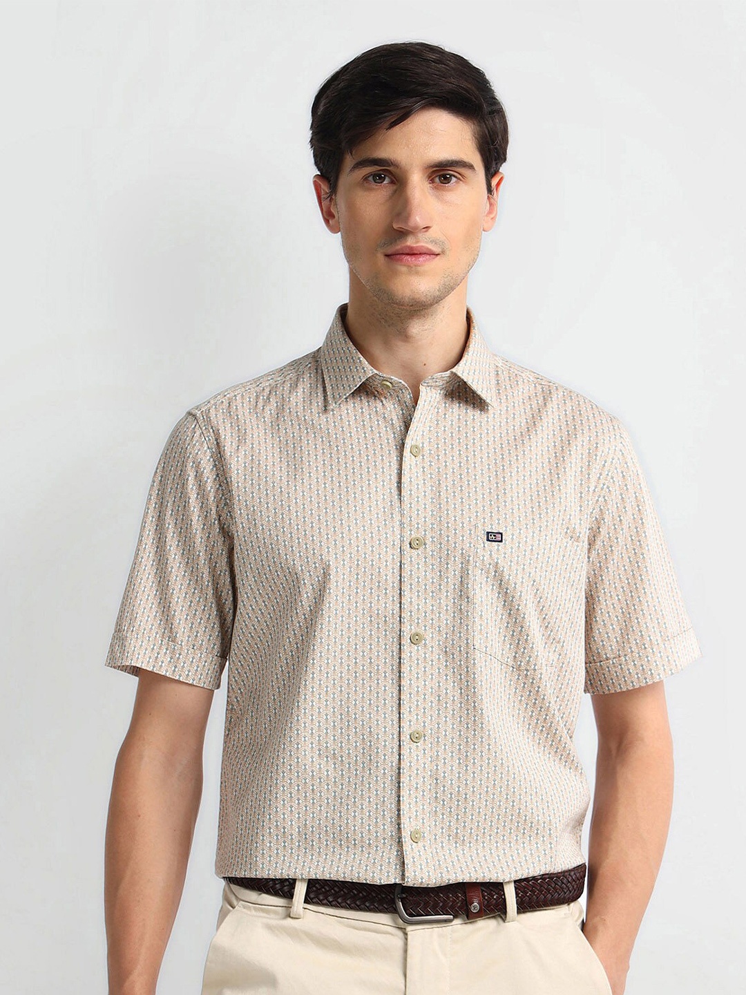 

Arrow Sport Spread Collar Striped Cotton Casual Shirt, Beige