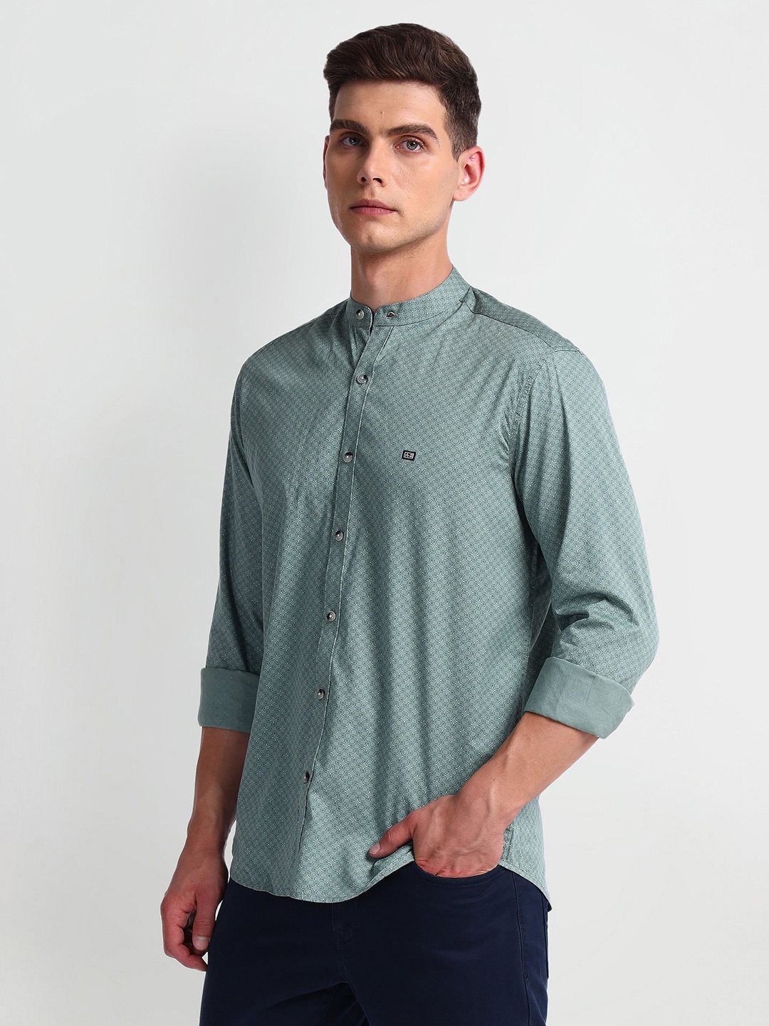 

Arrow Sport Slim Fit Micro Ditsy Printed Mandarin Collar Pure Cotton Casual Shirt, Green