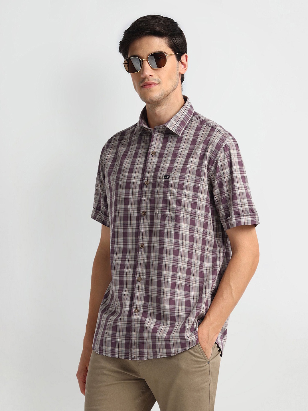 

Arrow Sport Checked Spread Collar Cotton Twill Casual Shirt, Purple