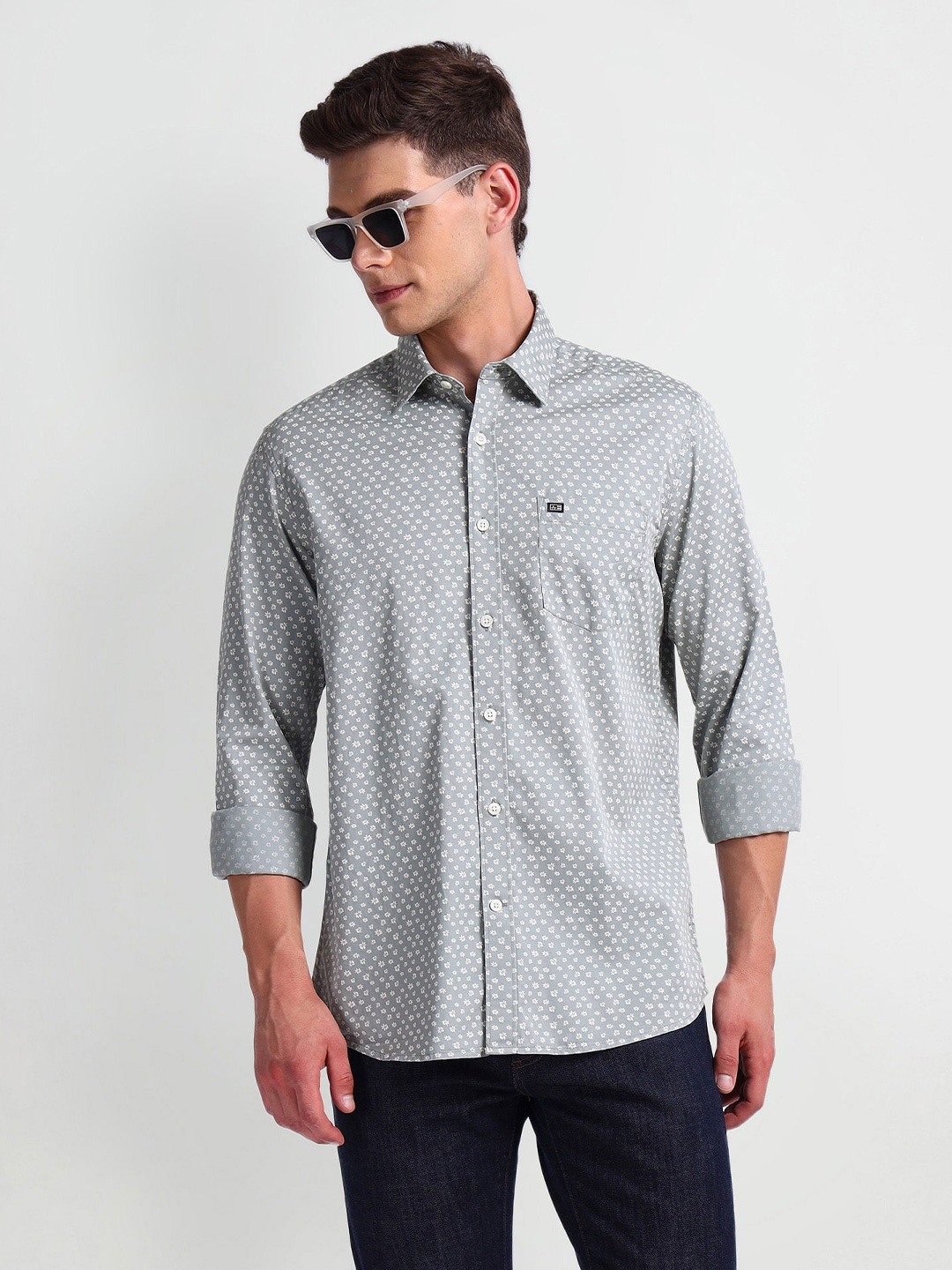 

Arrow Sport Micro Ditsy Printed Spread Collar Curved Cotton Slim Fit Casual Shirt, Grey