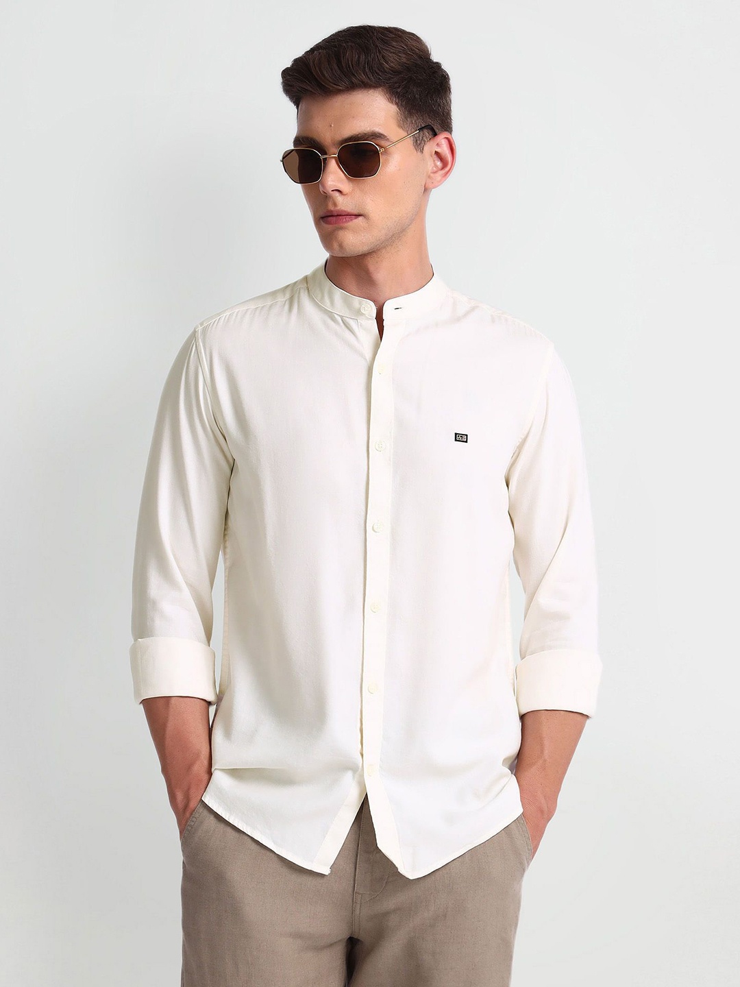 

Arrow Sport Mandarin Collar Curved Cotton Slim Fit Casual Shirt, White
