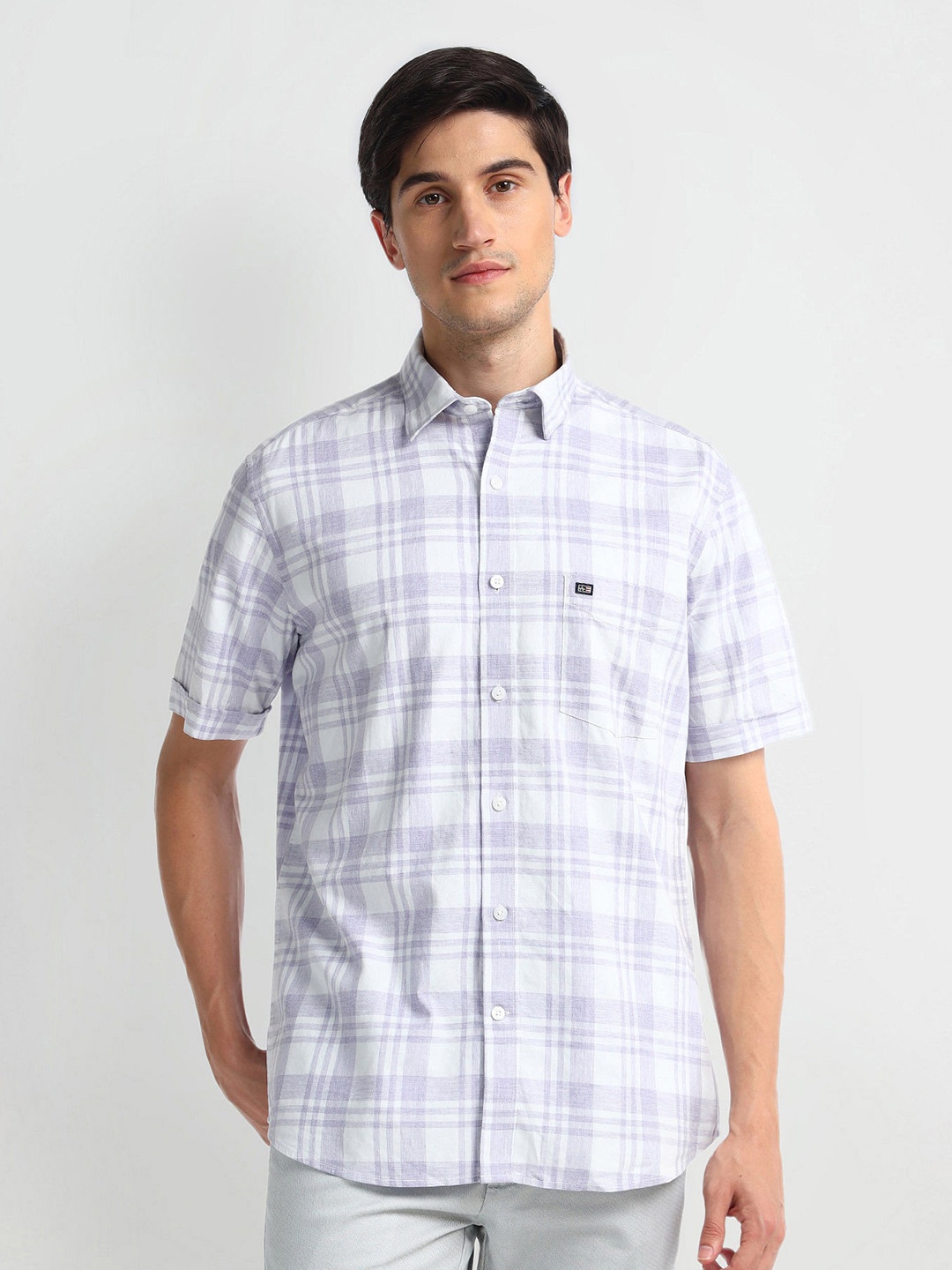 

Arrow Sport Checked Spread Collar Short Sleeves Cotton Casual Shirt, Purple