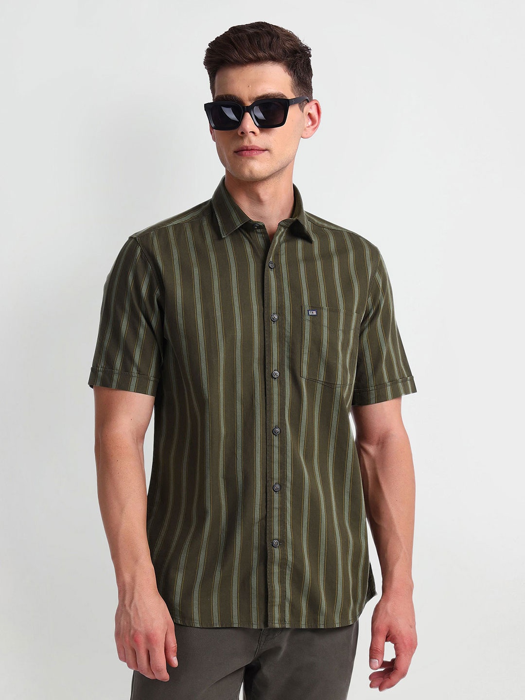 

Arrow Sport Striped Spread Collar Short Sleeves Cotton Casual Shirt, Green