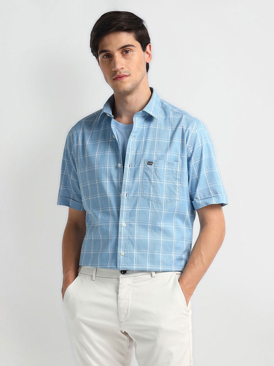 

Arrow Sport Windowpane Checked Spread Collar Cotton Twill Casual Shirt, Blue