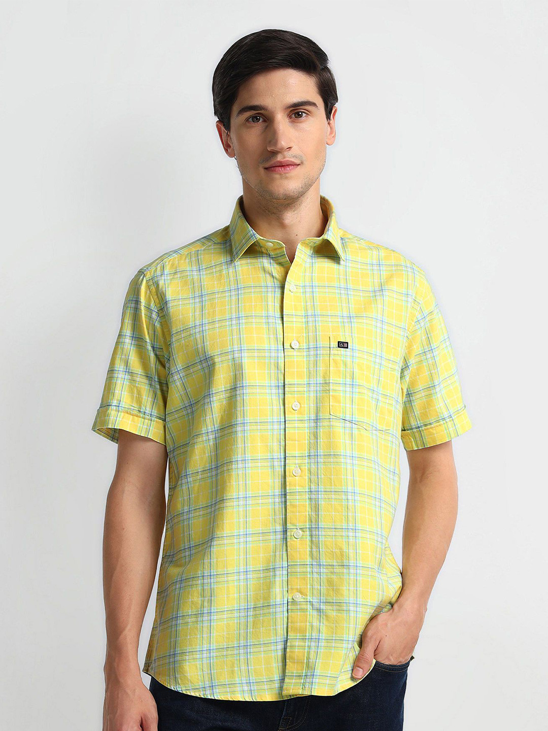 

Arrow Sport Tartan Checked Spread Collar Cotton Twill Casual Shirt, Yellow