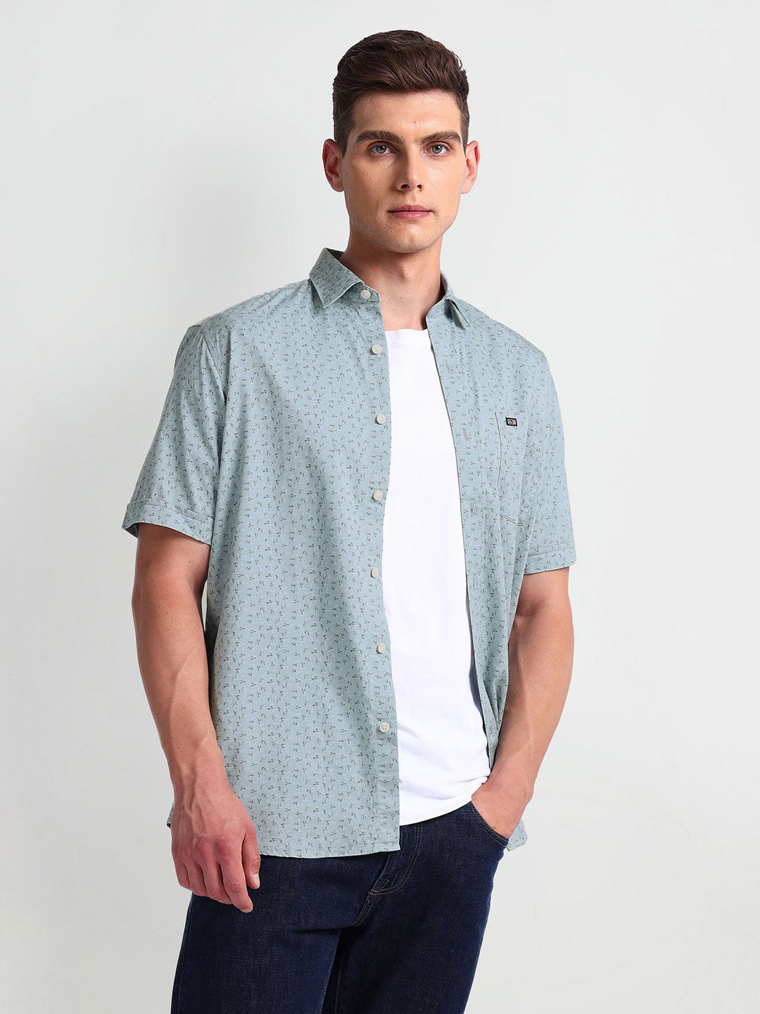 

Arrow Sport Micro Ditsy Printed Spread Collar Short Sleeves Casual Shirt, Grey