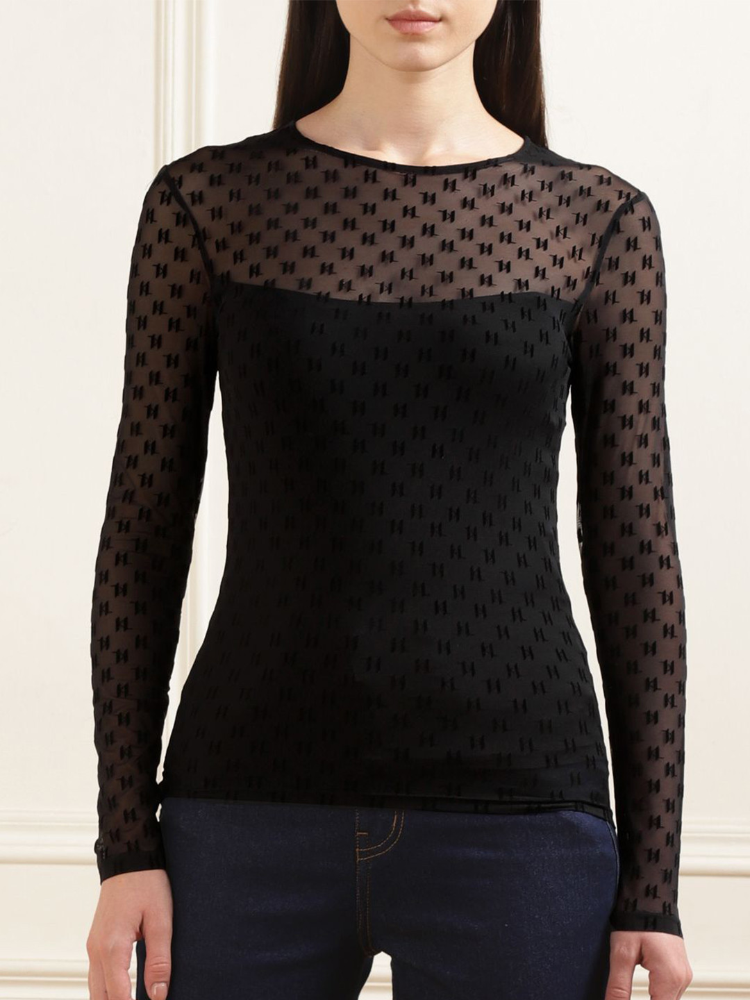 

Karl Lagerfeld Women Semi Sheer Top, Black