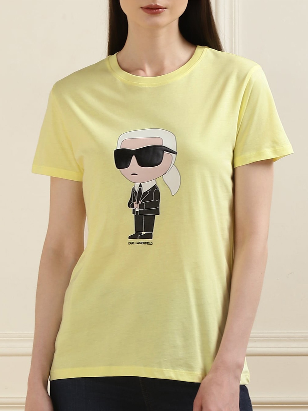

Karl Lagerfeld Women Graphic Printed Round Neck Cotton T-shirt, Yellow
