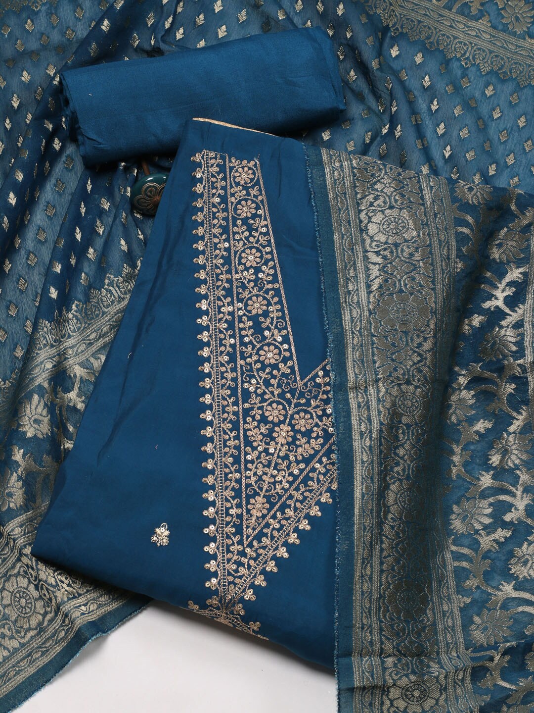 

Meena Bazaar Ethnic Motifs Embroidered Sequinned Unstitched Dress Material, Blue