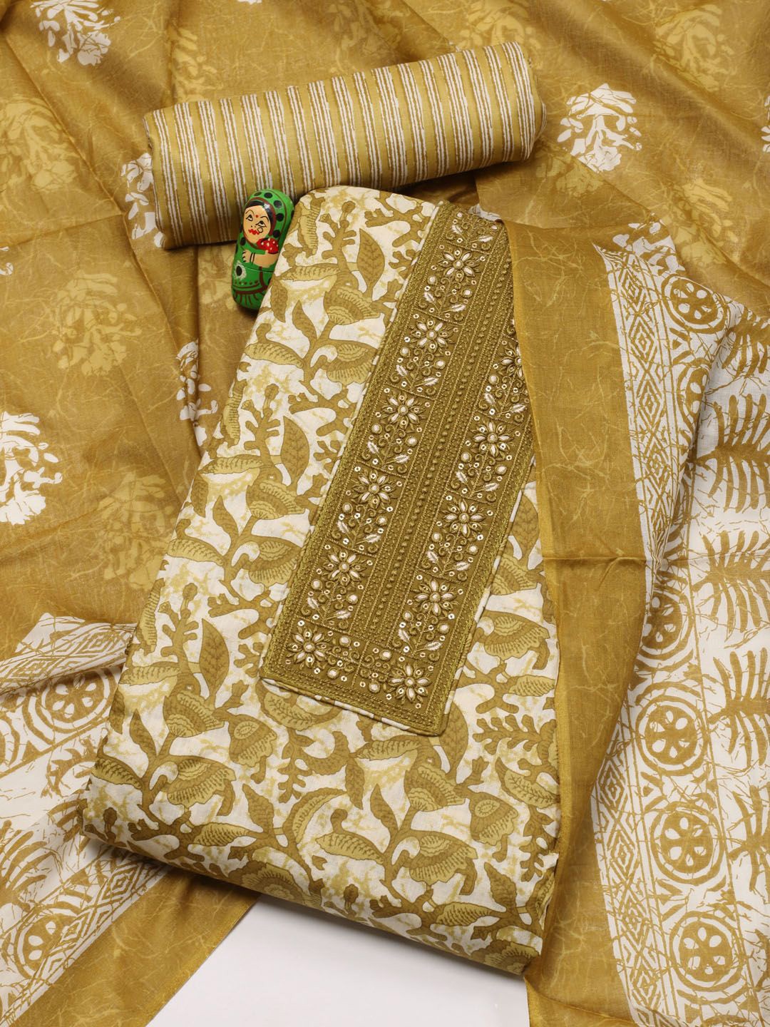 

Meena Bazaar Ethnic Motifs Printed Sequinned Unstitched Dress Material, Green