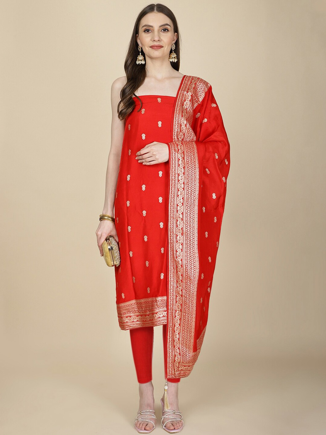 

Meena Bazaar Woven Design Unstitched Dress Material, Red