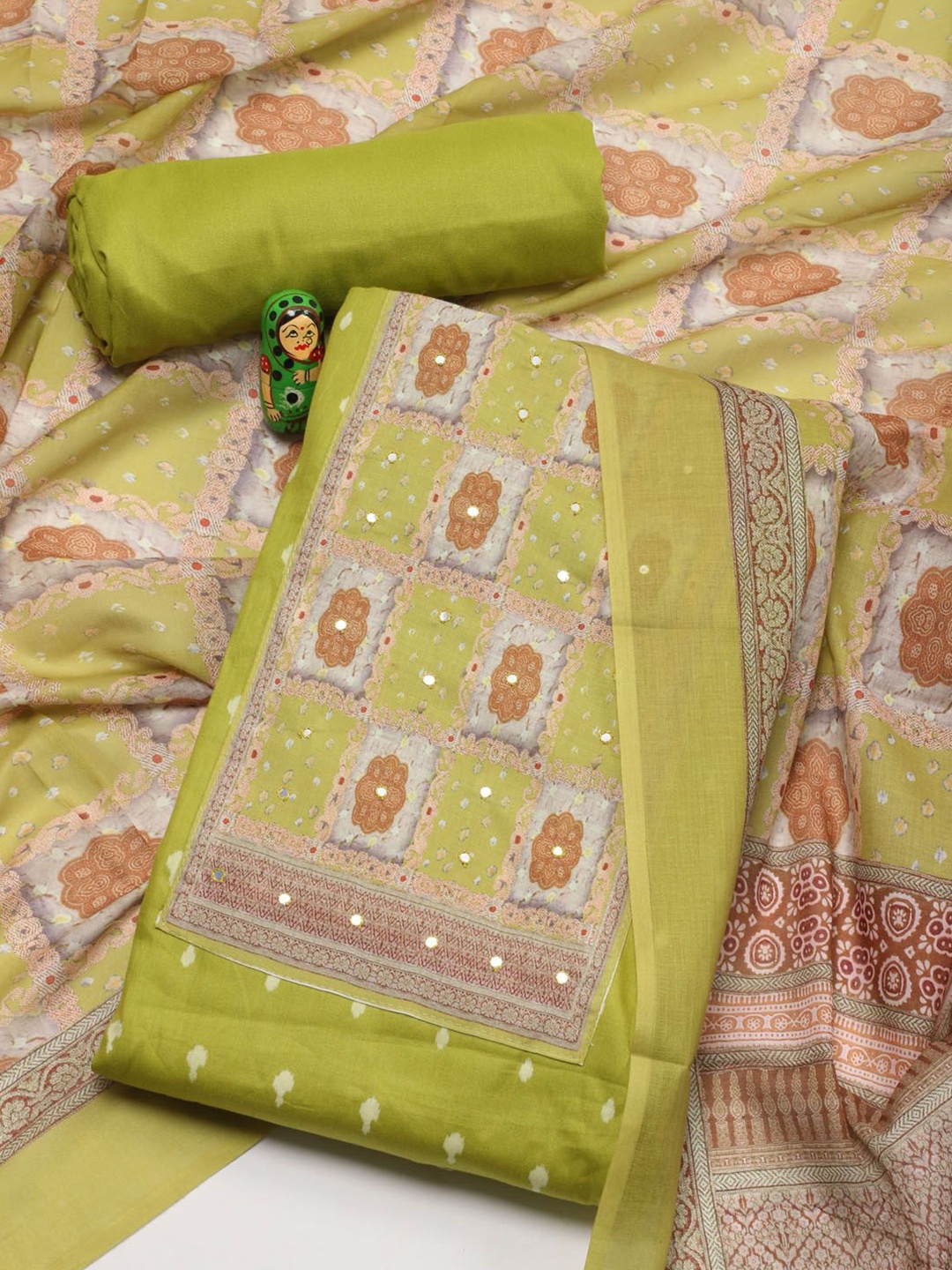 

Meena Bazaar Ethnic Motifs Printed Mirror Work Unstitched Dress Material, Green