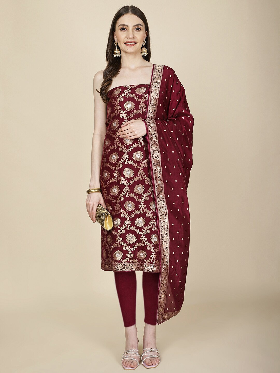 

Meena Bazaar Art Silk Unstitched Dress Material, Burgundy