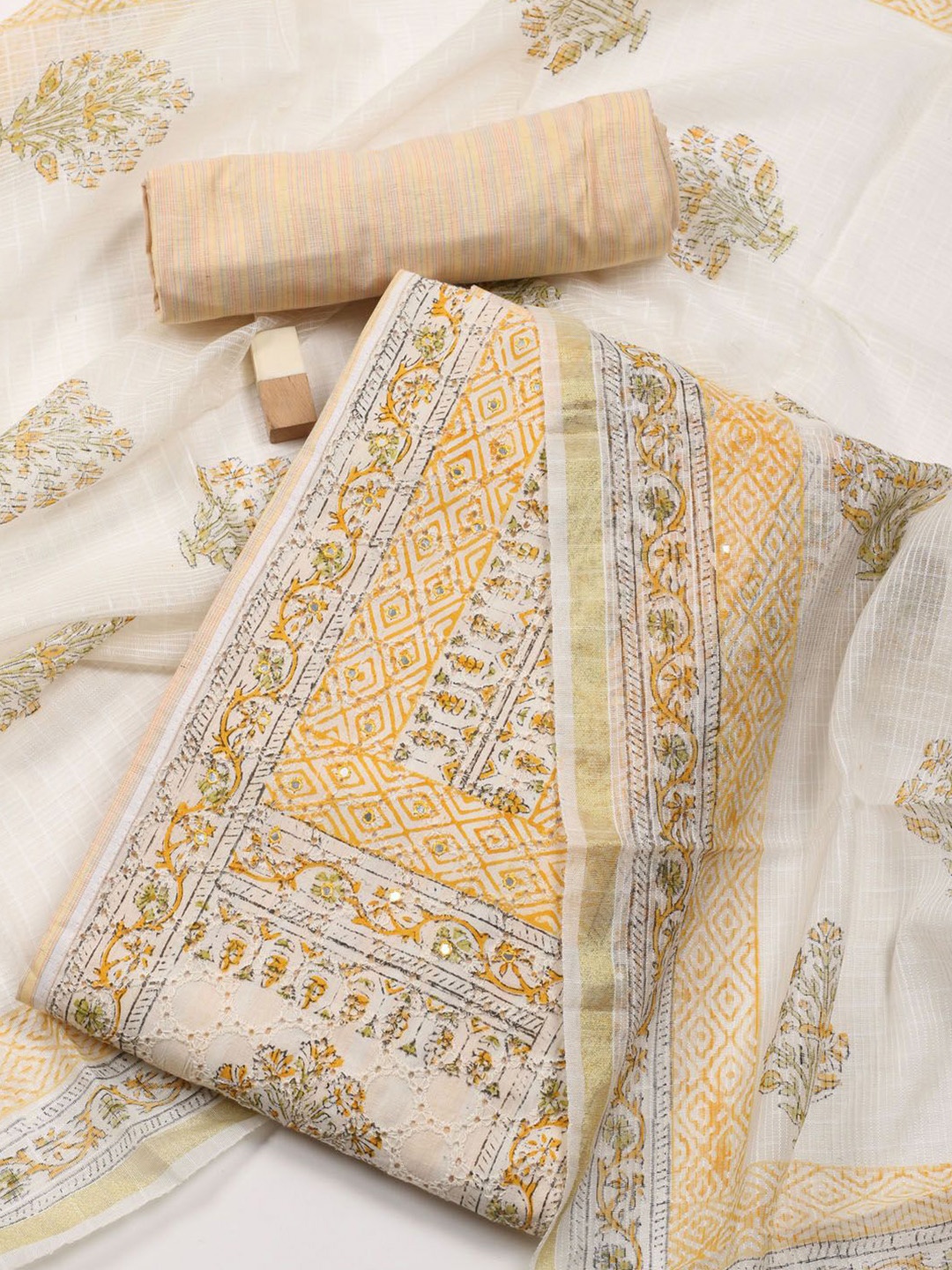 

Meena Bazaar Ethnic Motifs Printed Mirror Work Unstitched Dress Material, Cream