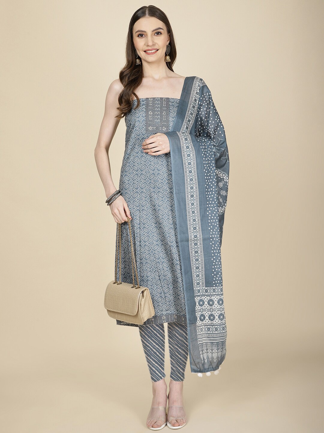 

Meena Bazaar Bandhani Printed Sequinned Unstitched Dress Material, Grey