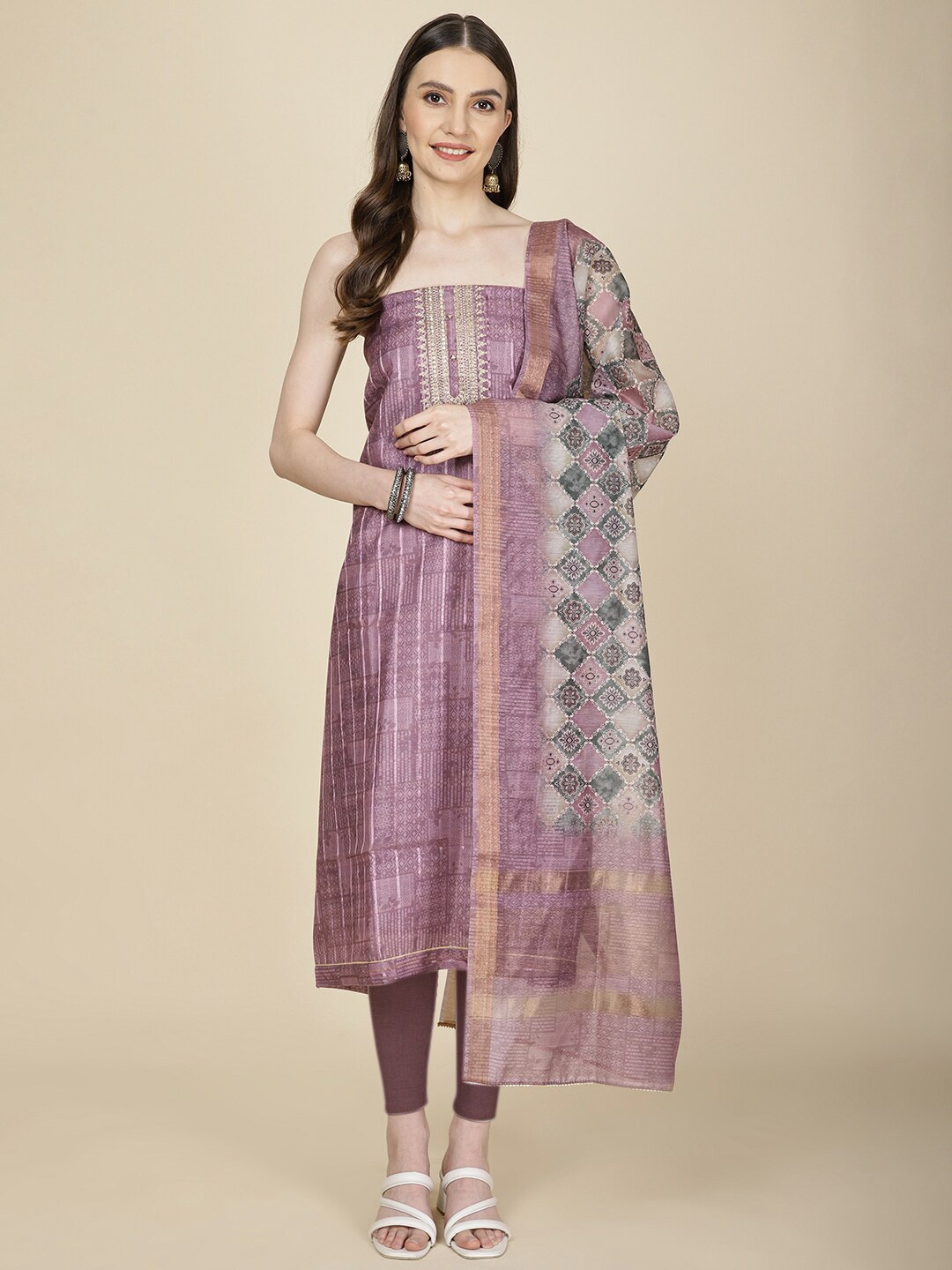 

Meena Bazaar Geometric Printed Sequinned Unstitched Dress Material, Pink