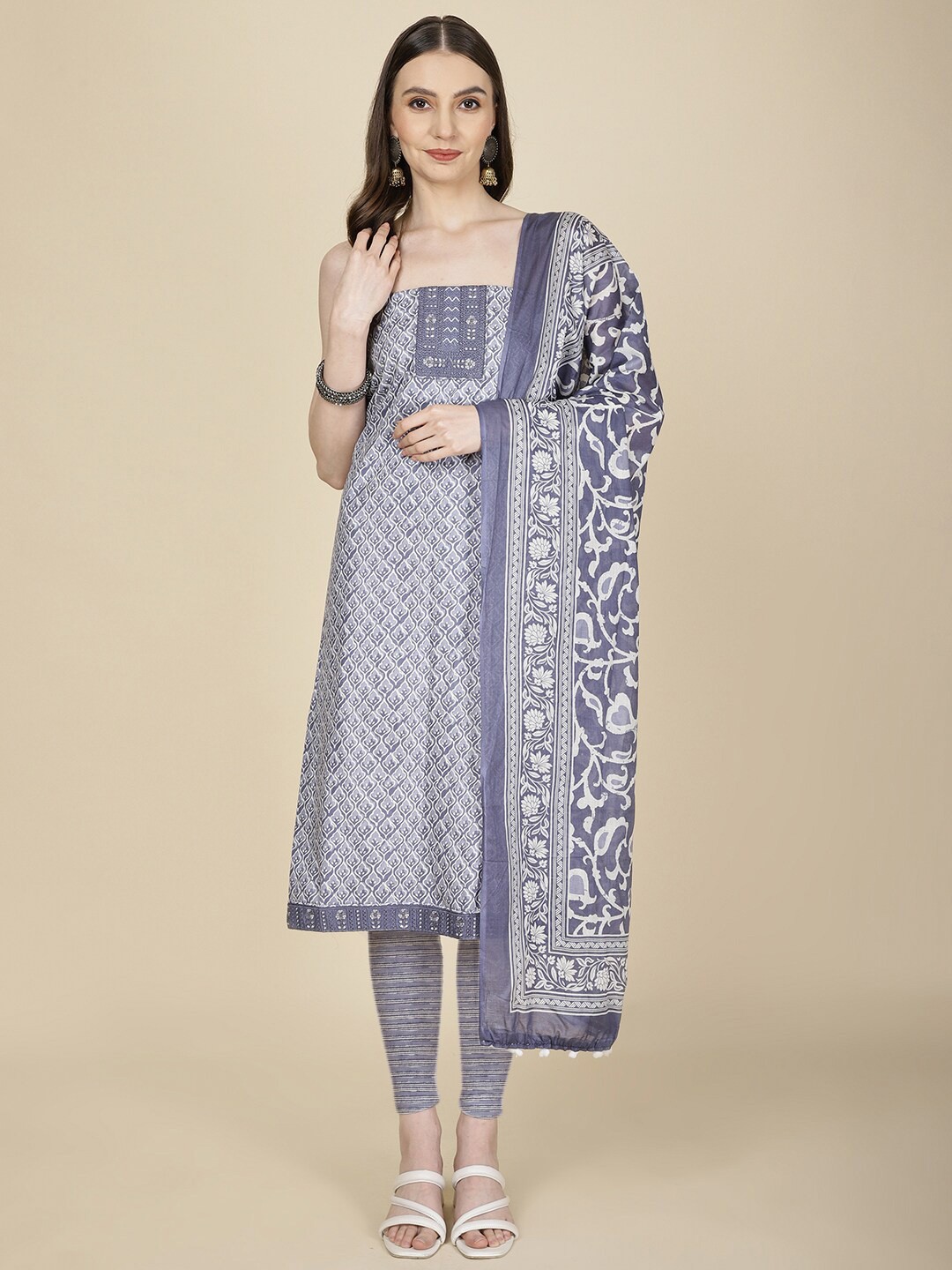 

Meena Bazaar Ethnic Motifs Printed Zari Unstitched Dress Material, Grey