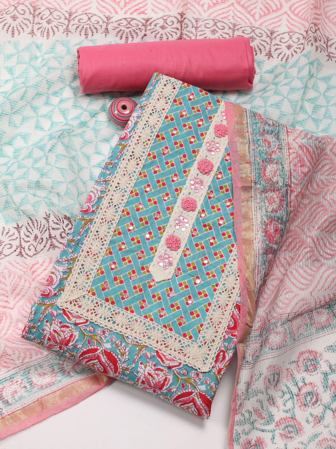 

Meena Bazaar Printed Unstitched Dress Material, Blue