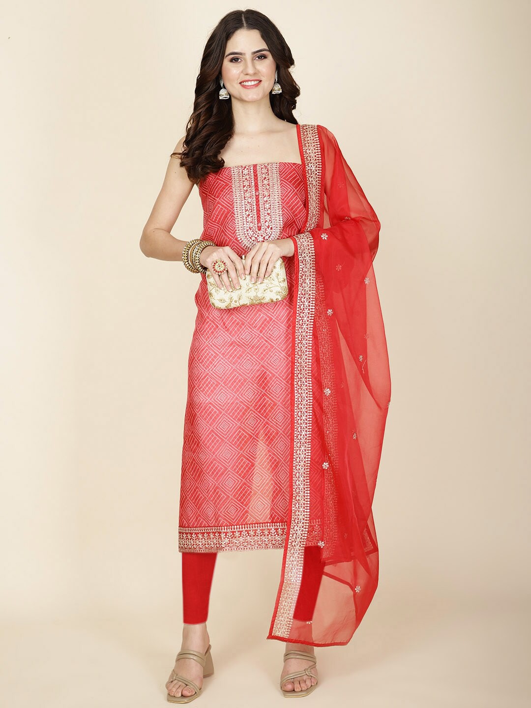 

Meena Bazaar Floral Printed Organza Unstitched Dress Material, Red