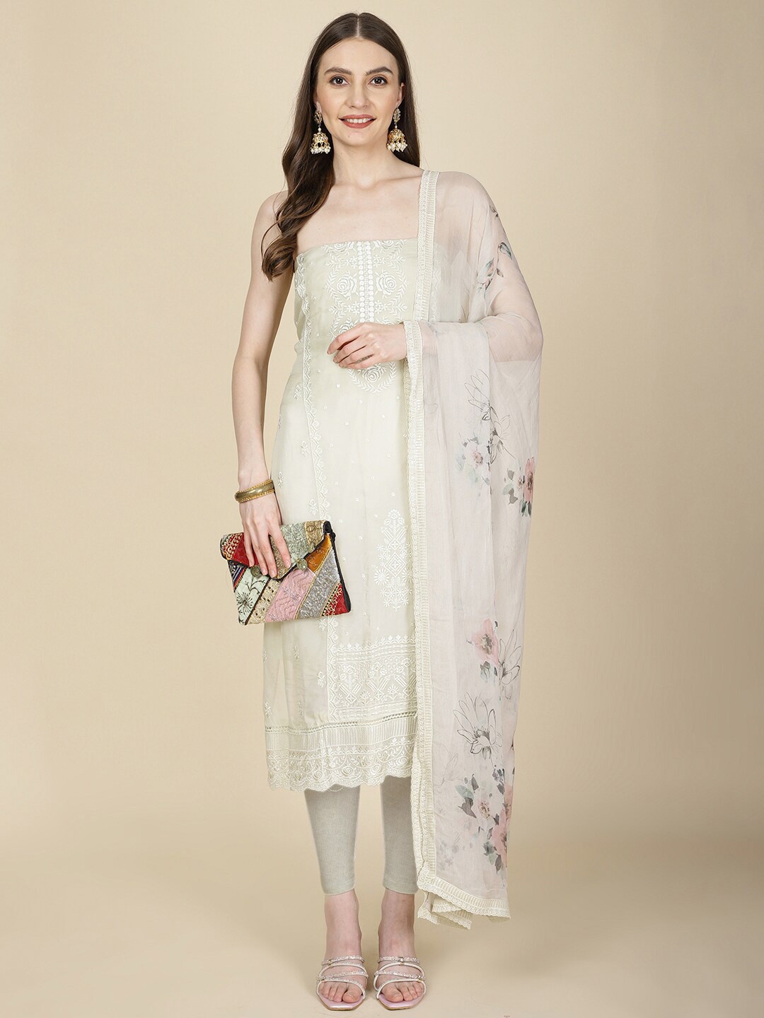 

Meena Bazaar Organza Unstitched Dress Material, Off white