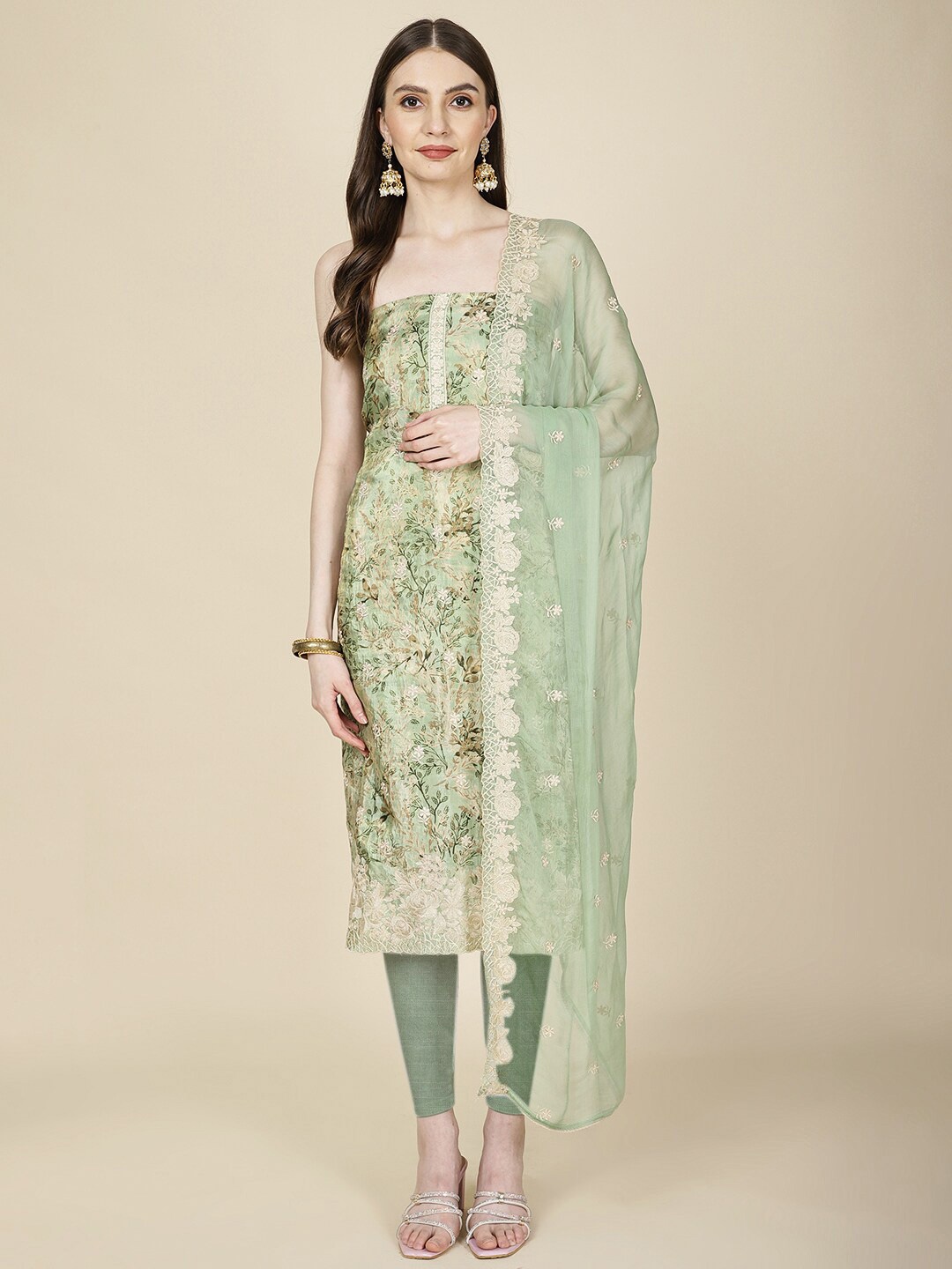 

Meena Bazaar Floral Printed Zari Art Silk Unstitched Dress Material, Green