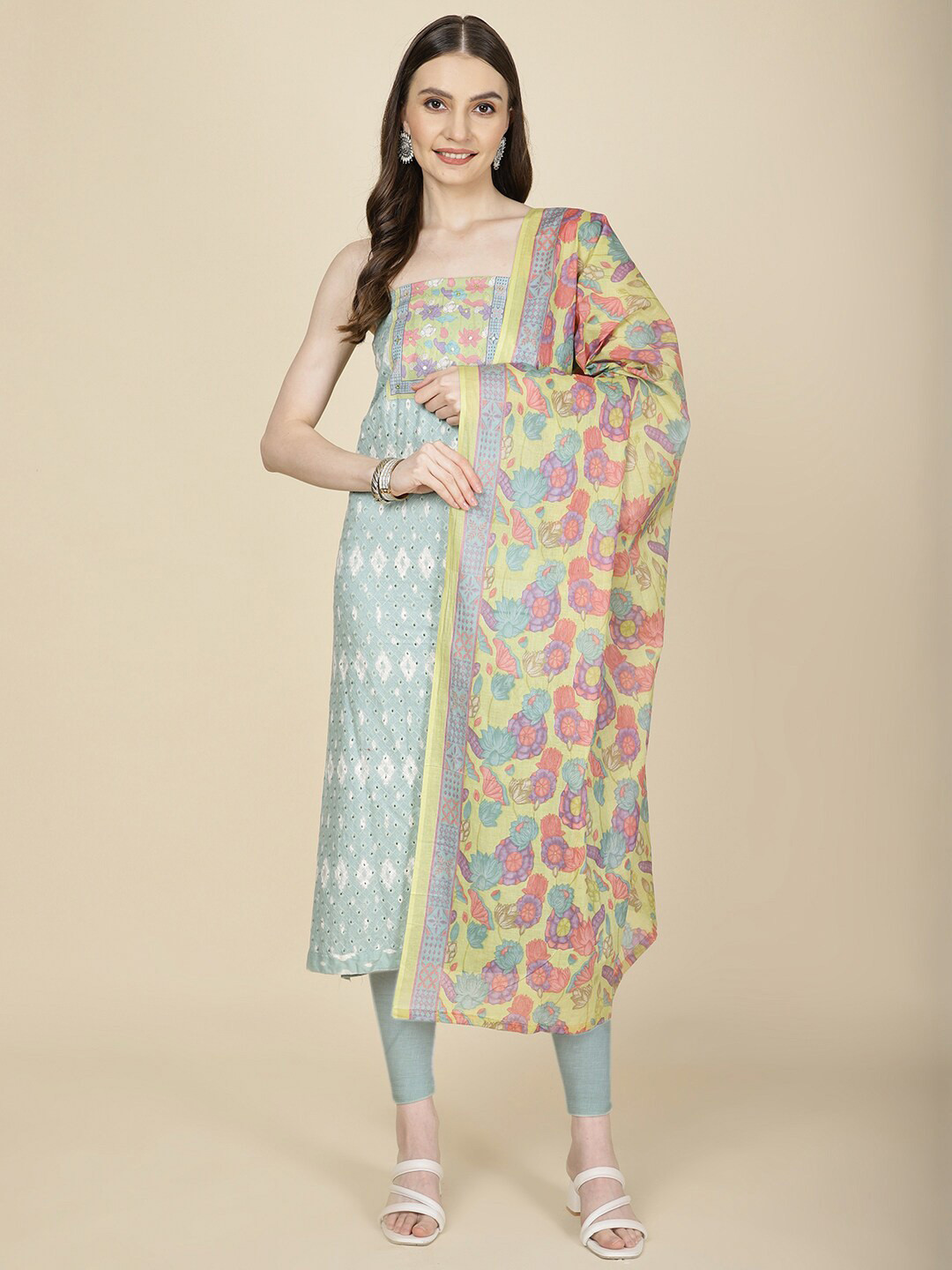 

Meena Bazaar Ethnic Motifs Embroidered Unstitched Dress Material, Blue