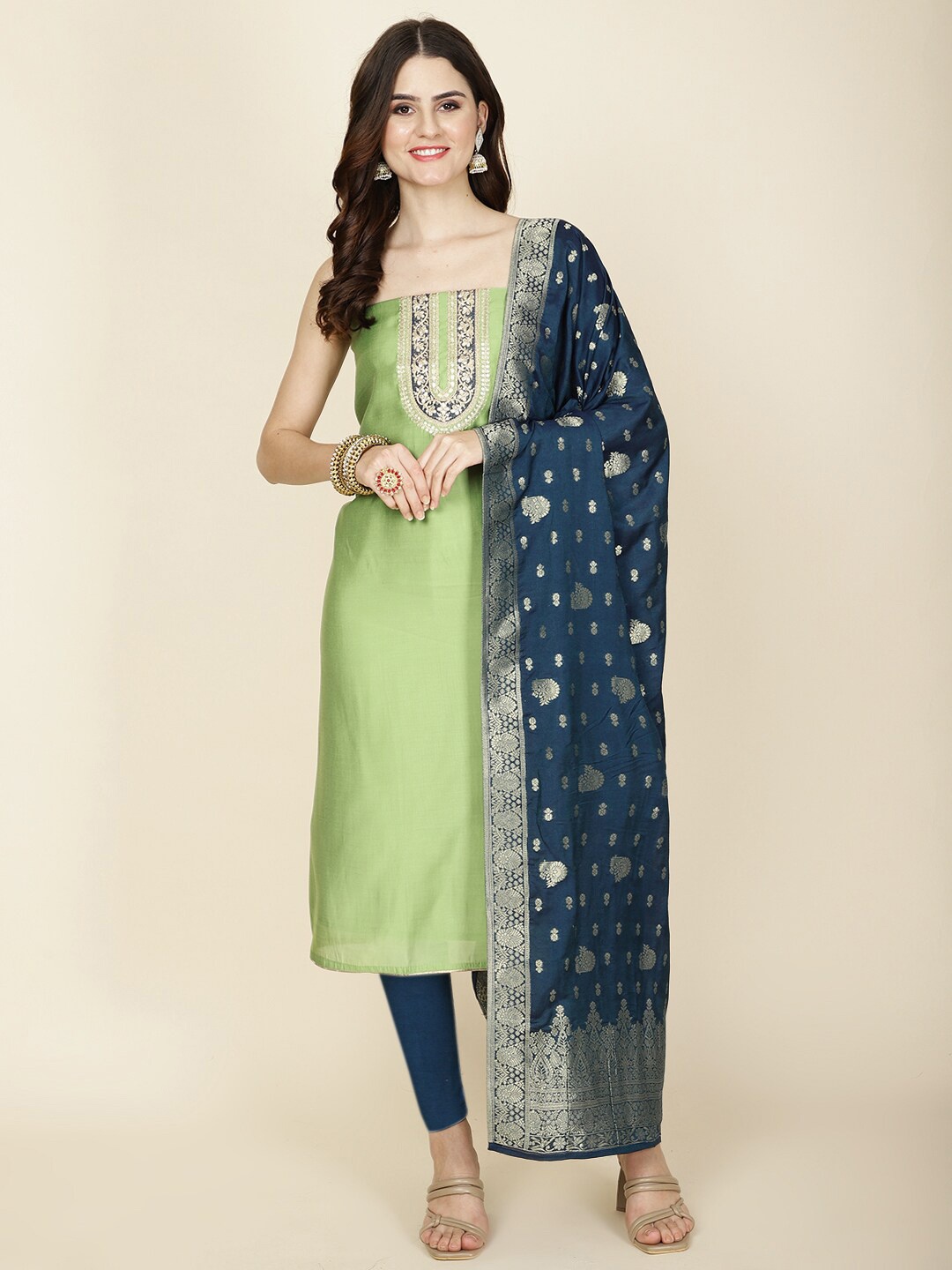 

Meena Bazaar Ethnic Motifs Embroidered Sequinned Unstitched Dress Material, Green